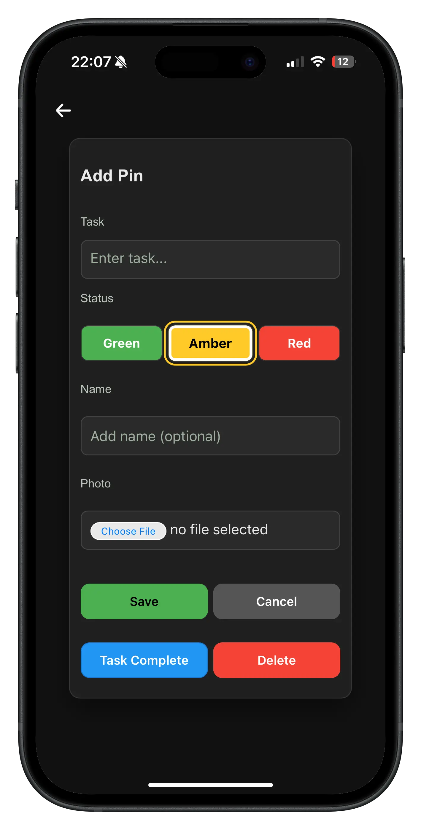 Add or edit pin task form